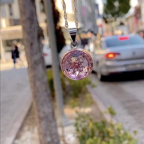 925 Ayar Gümüş doğal pembe kuvars taşlı yaşam çiçeği kolye