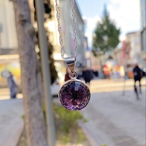 925 Ayar gümüş doğal ametist taşlı yaşam çiçeği kolye