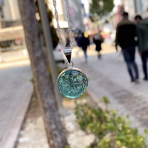 925 ayar gümüş doğal aquamarin taşlı yaşam çiçeği kolye