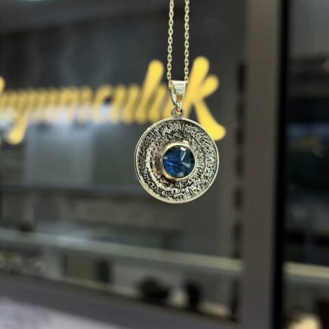 925 ayar gümüş mavi topaz ve yaşam taşlı kolye